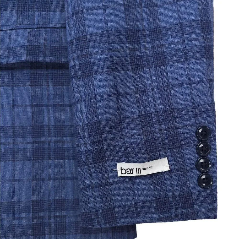 Bar III Mens Slim Fit Sport Coat Blazer 36R Blue Plaid Linen Cotton Blend NWT
